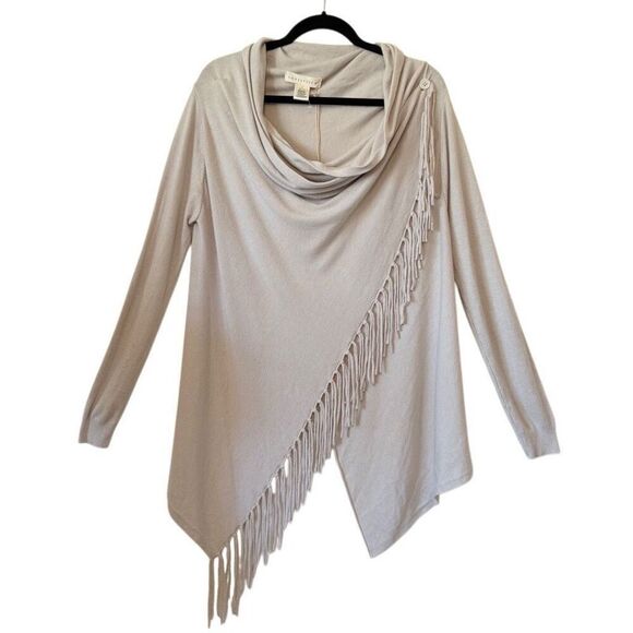 NEW Lovestitch Ecru Drape Neck Fringed Wrap Sweater Sz L Boho, Classic NWT - Picture 2 of 13